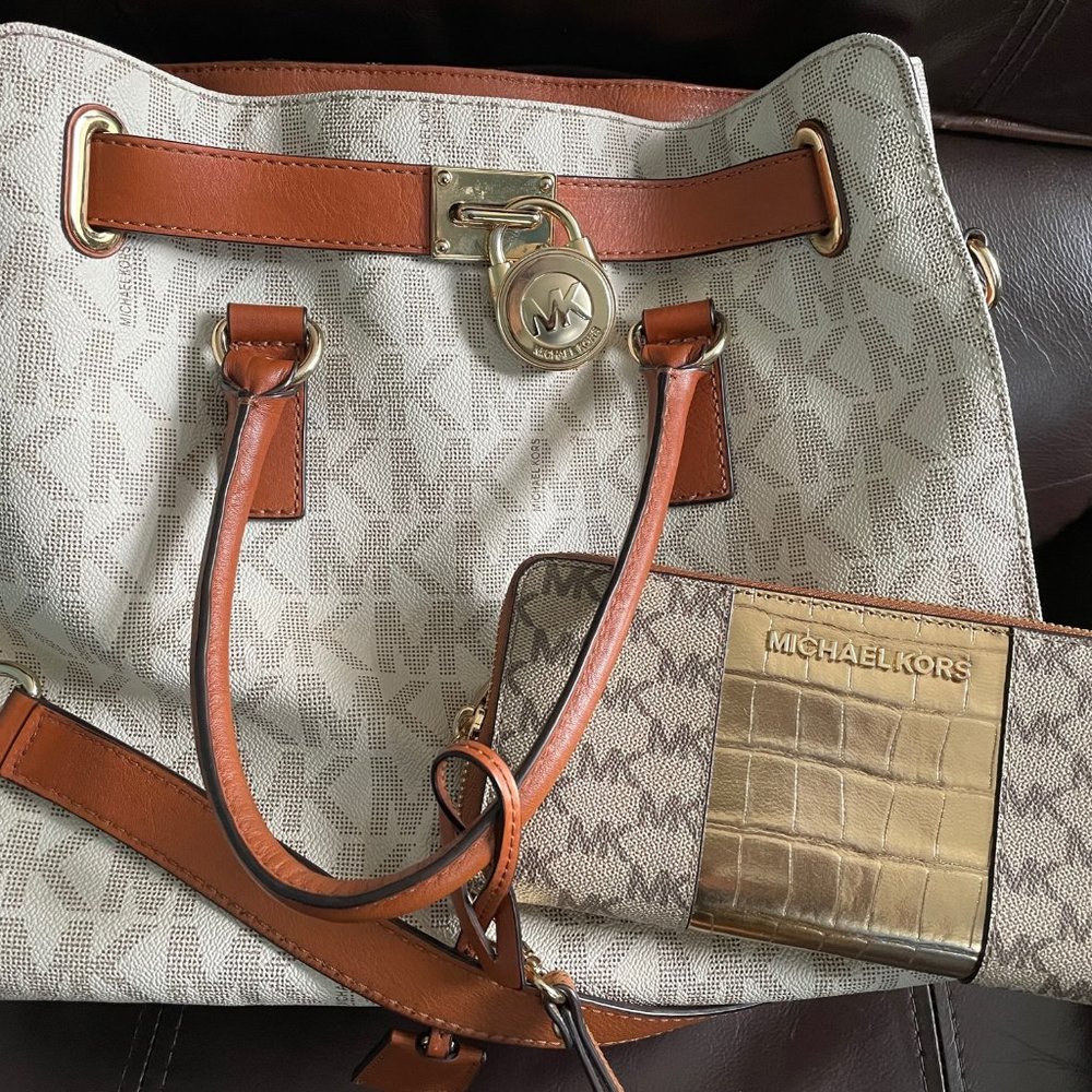 MK Tote Michael Kors Brown & White Leather Hamilton Tote Bag w/FREE purse